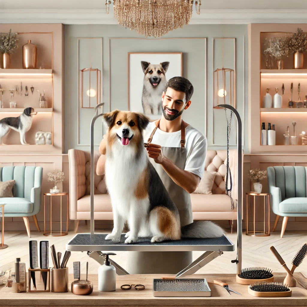 DALL·E 2024-09-28 16.36.48 – A stylish and cozy dog grooming salon scene, titled ‘Pooch Pampering and Style.’ The image features a well-groomed dog sitting on a luxurious grooming