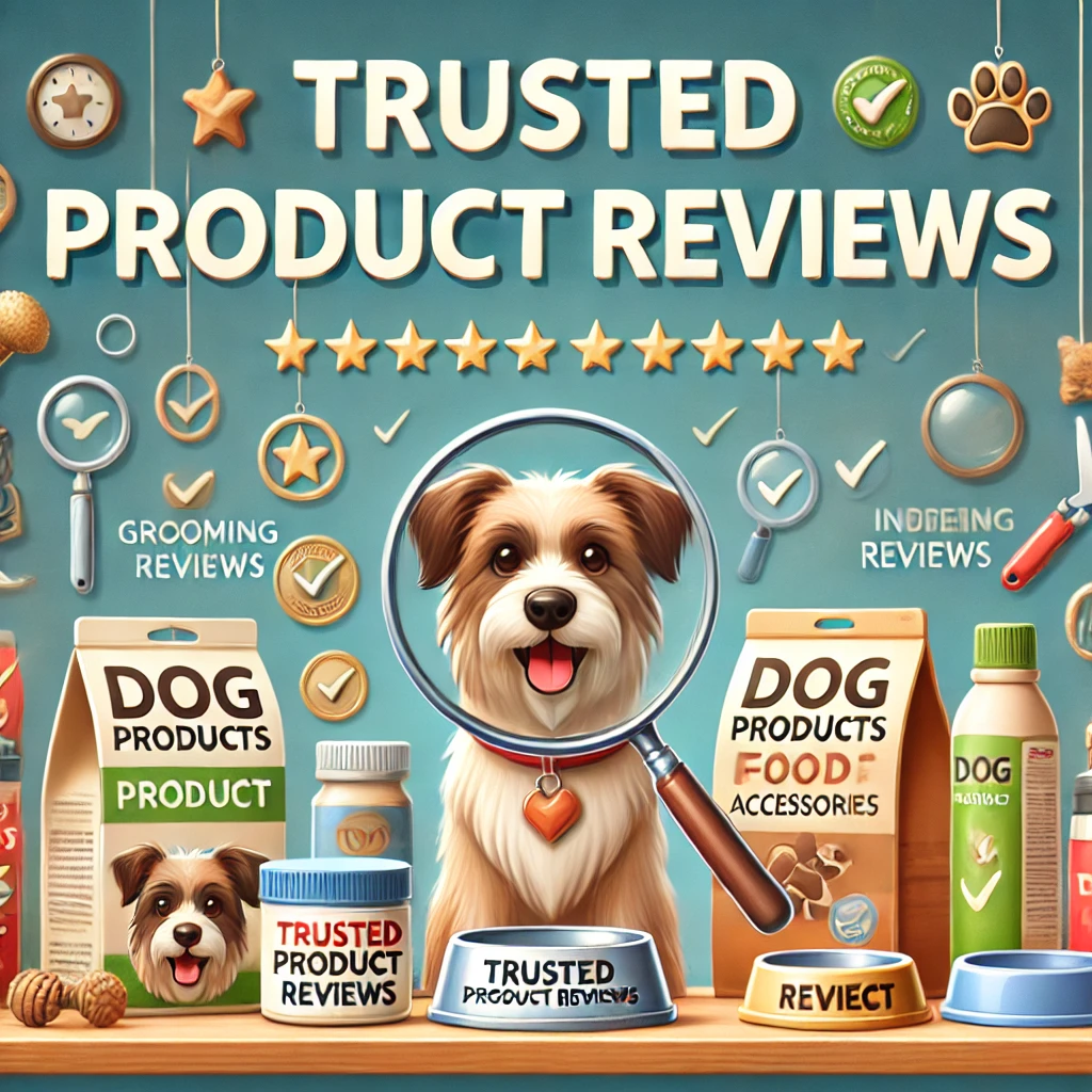 DALL·E 2024-09-28 16.43.03 – An image titled ‘Trusted Product Reviews’ that showcases a variety of dog products such as toys, food, grooming tools, and accessories arranged neatly